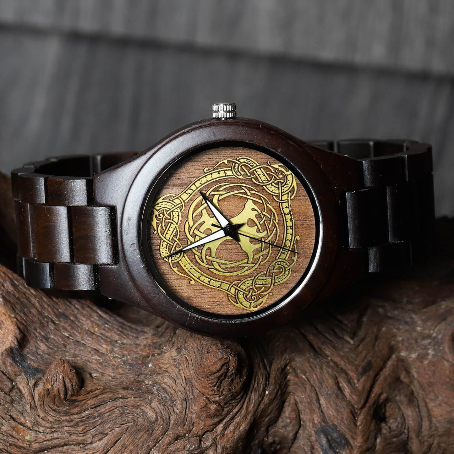 Colborn Viking Wooden Watch with Carved Yggdrasil Viking Symbol, Jormungandr & Custom Engravings