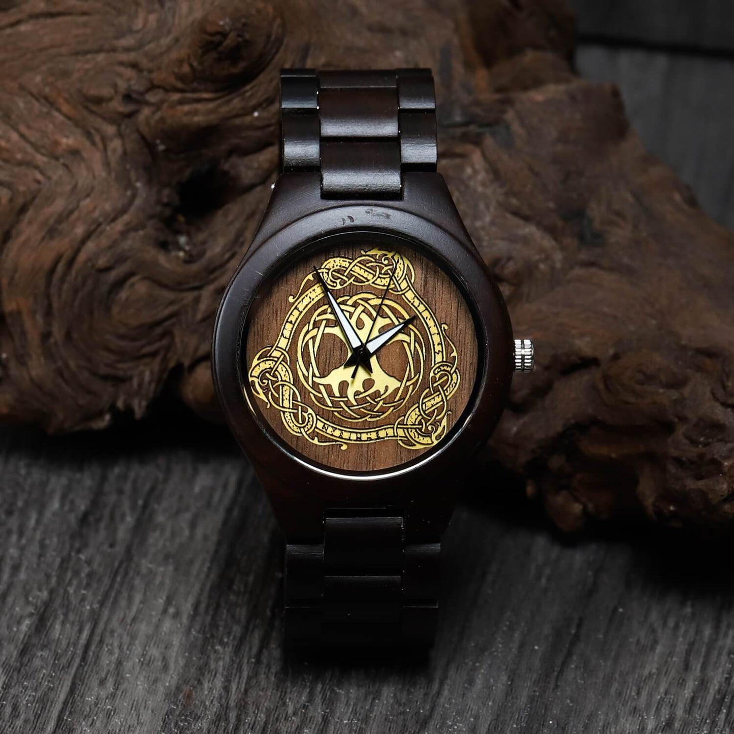 Colborn Viking Wooden Watch with Carved Yggdrasil Viking Symbol, Jormungandr & Custom Engravings