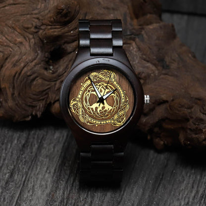 Colborn Viking Wooden Watch with Carved Yggdrasil Viking Symbol, Jormungandr & Custom Engravings