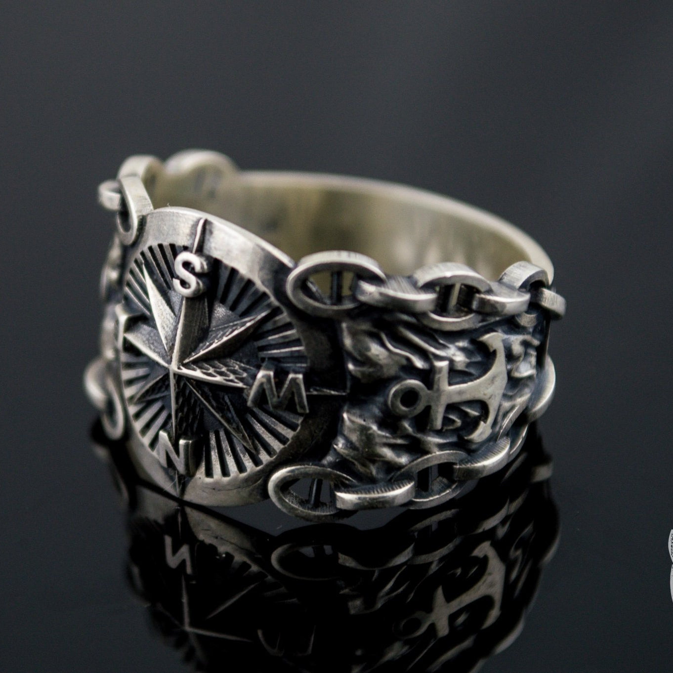 Compass Symbol with Anchor 925 Sterling Silver Viking Ring - VikingsBrand