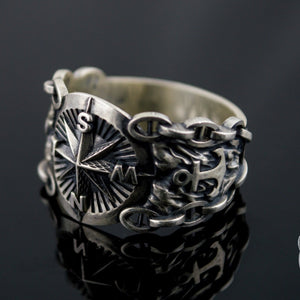 Wikingerring mit Vegvísir-Kompass und Anker aus 925er Sterlingsilber