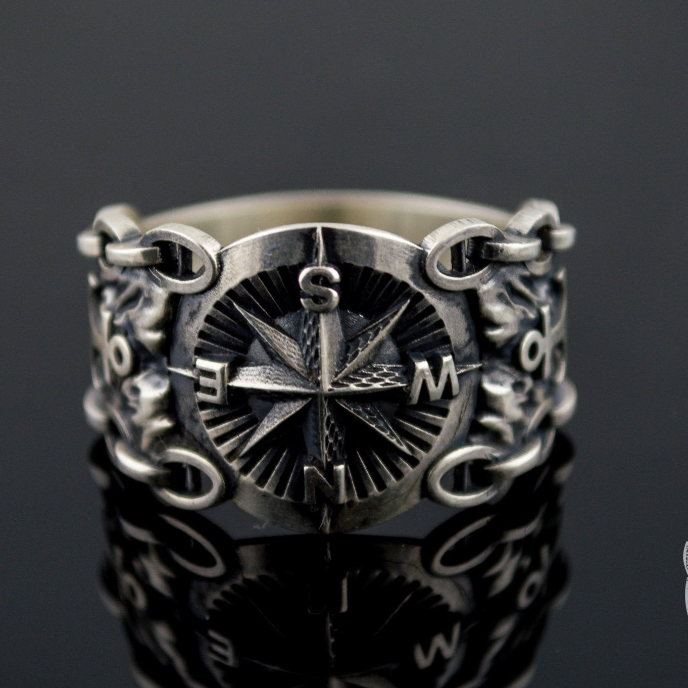 Compass Symbol with Anchor 925 Sterling Silver Viking Ring - VikingsBrand