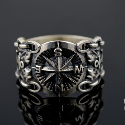 Compass Symbol with Anchor 925 Sterling Silver Viking Ring - VikingsBrand