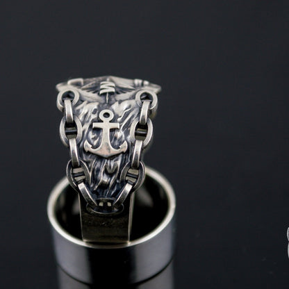 Compass Symbol with Anchor 925 Sterling Silver Viking Ring - VikingsBrand