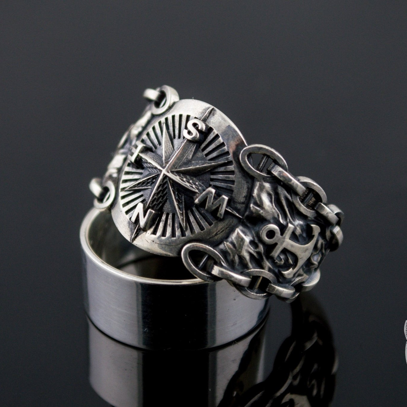 Compass Symbol with Anchor 925 Sterling Silver Viking Ring - VikingsBrand