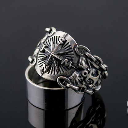 Compass Symbol with Anchor 925 Sterling Silver Viking Ring - VikingsBrand