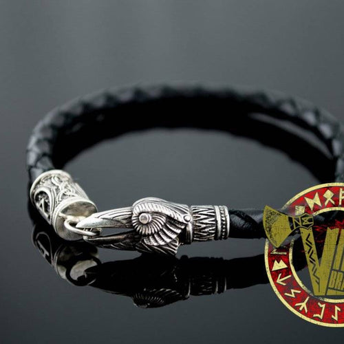 925 silver crow leather bracelet with Elder Futhark rune