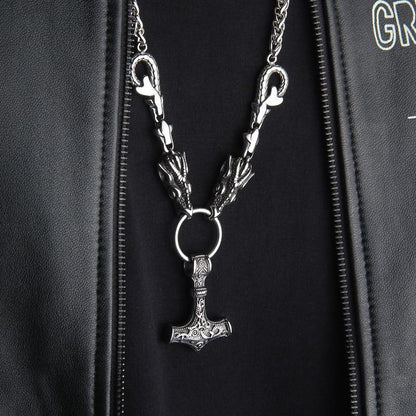 Dragon Head Viking Necklace with Mjolnir - VikingsBrand