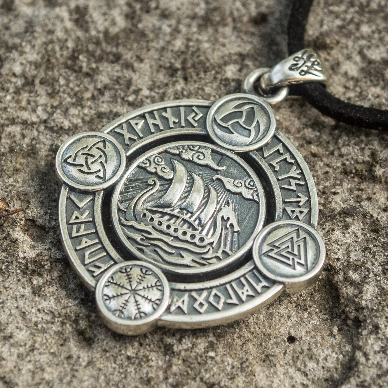 Drakkar Pendant with Norse Symbols Sterling Silver Viking Jewelry - VikingsBrand