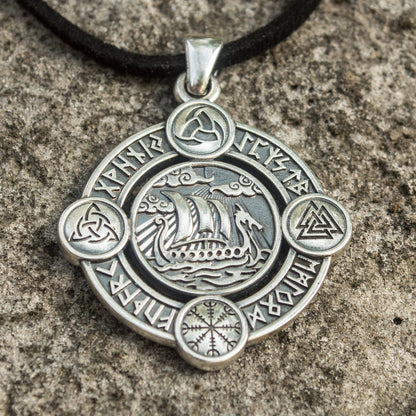 Drakkar Pendant with Norse Symbols Sterling Silver Viking Jewelry - VikingsBrand