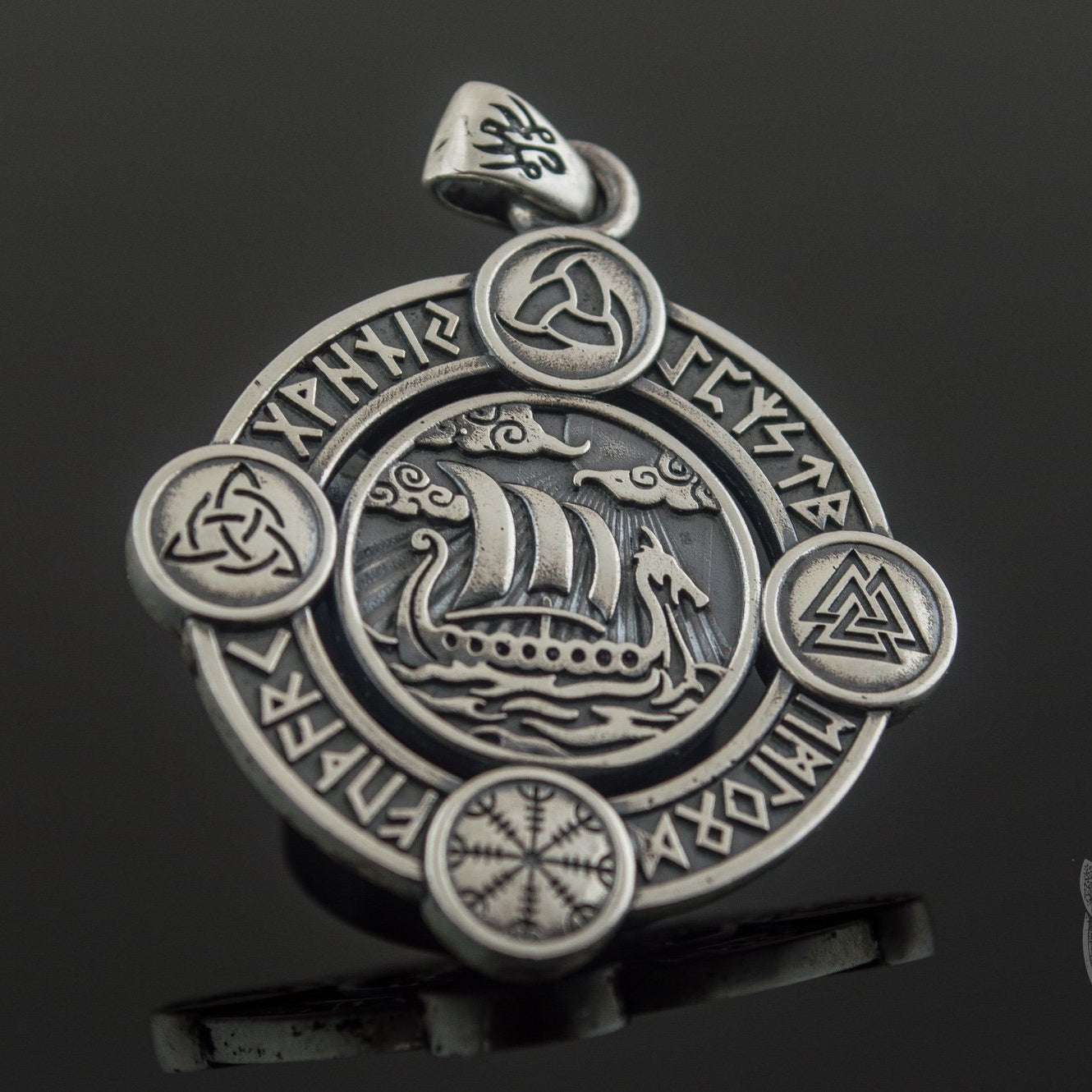 Drakkar Pendant with Norse Symbols Sterling Silver Viking Jewelry - VikingsBrand