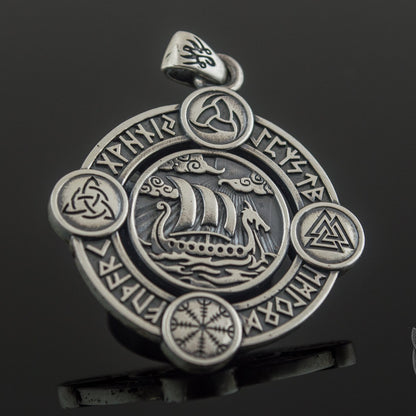 Drakkar Pendant with Norse Symbols Sterling Silver Viking Jewelry - VikingsBrand
