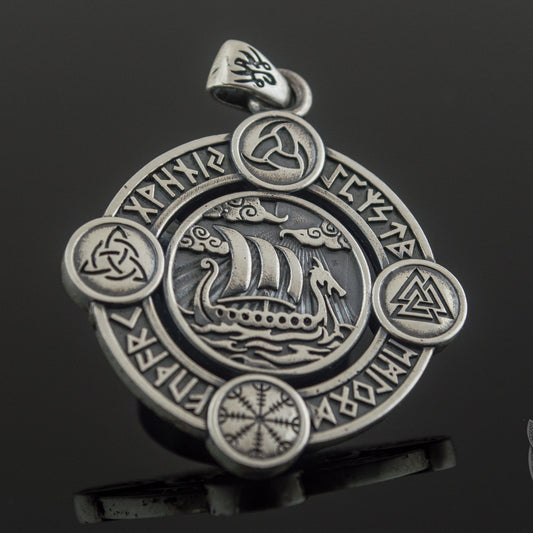 Drakkar Pendant with Norse Symbols Sterling Silver Viking Jewelry - VikingsBrand