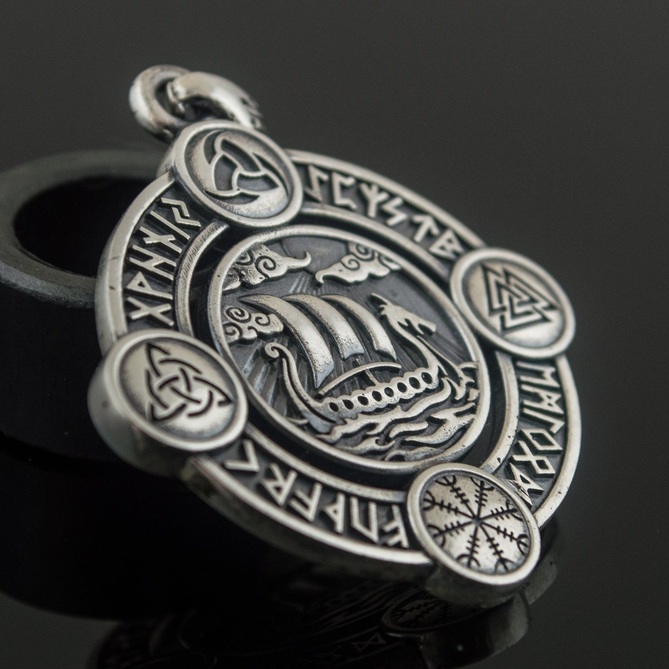 Drakkar Pendant with Norse Symbols Sterling Silver Viking Jewelry - VikingsBrand