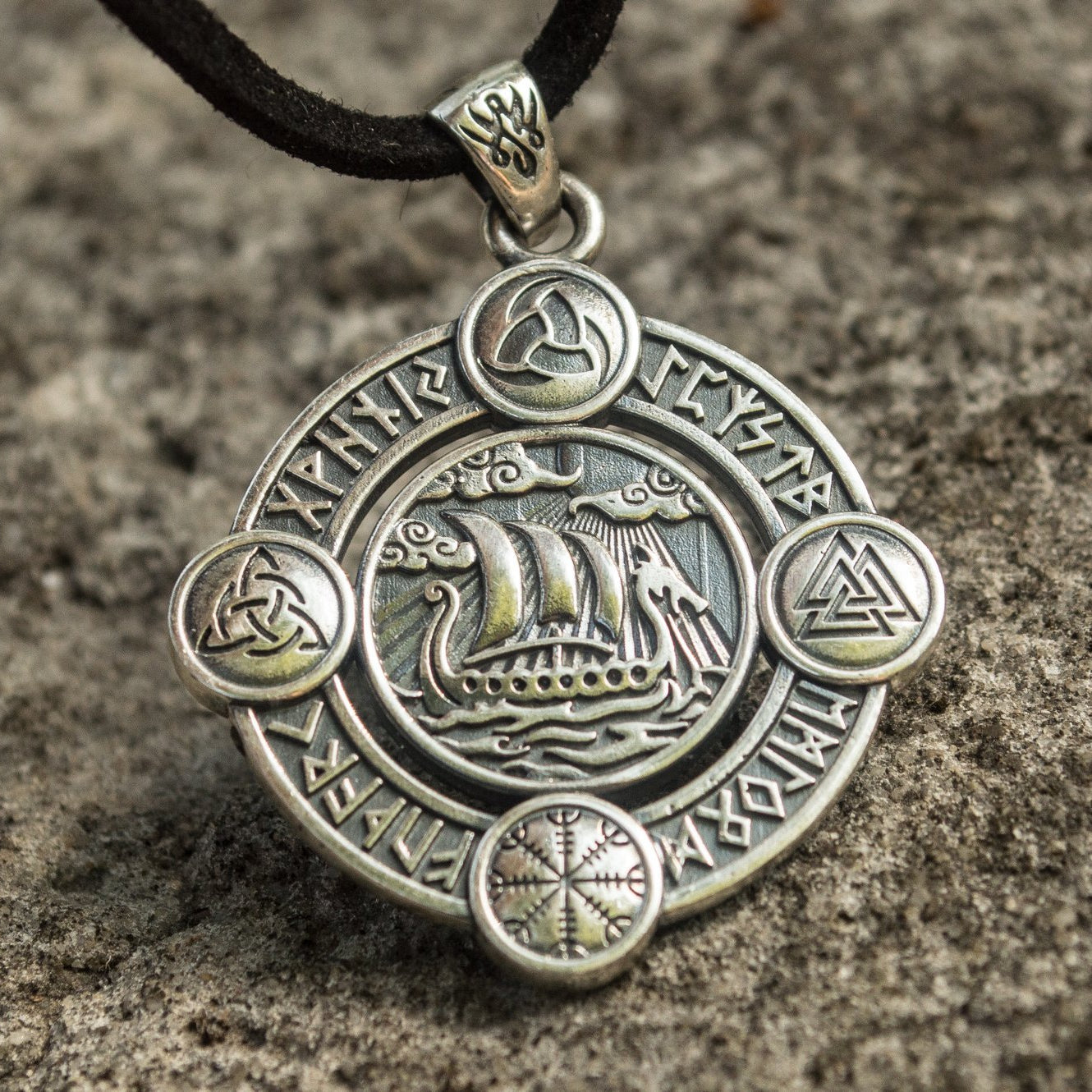Drakkar Pendant with Norse Symbols Sterling Silver Viking Jewelry - VikingsBrand