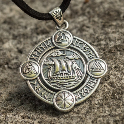 Drakkar Pendant with Norse Symbols Sterling Silver Viking Jewelry - VikingsBrand