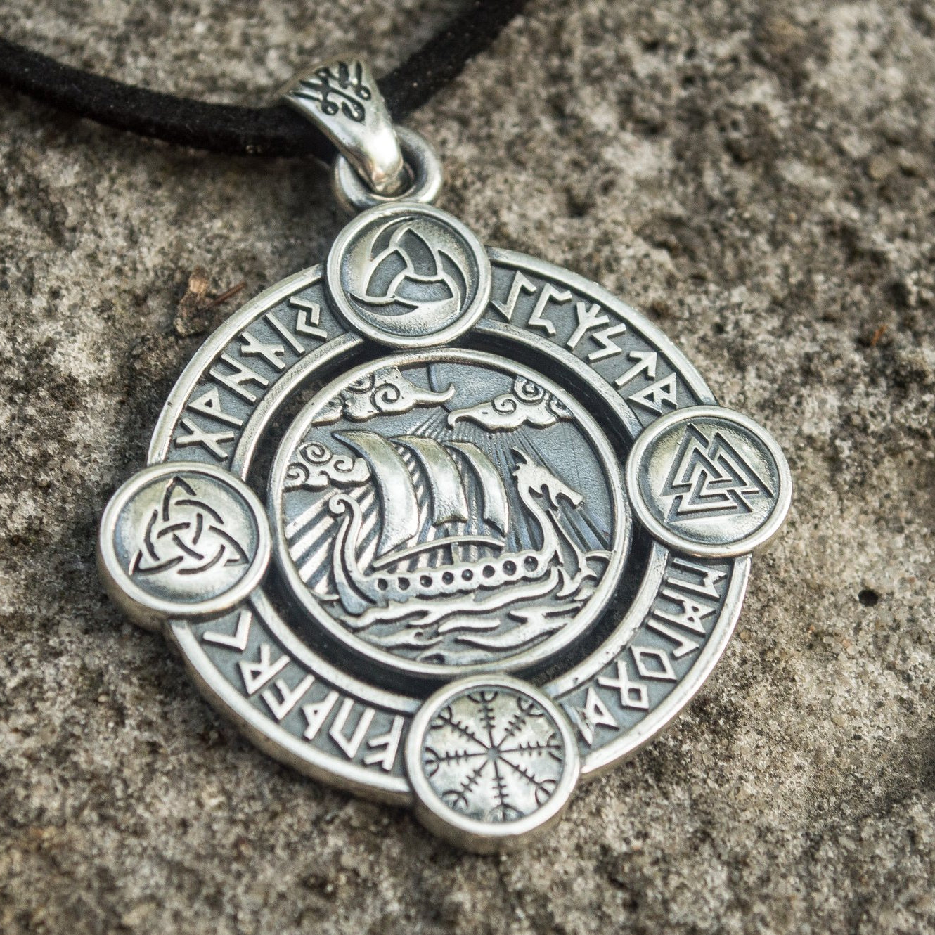 Drakkar Pendant with Norse Symbols Sterling Silver Viking Jewelry - VikingsBrand