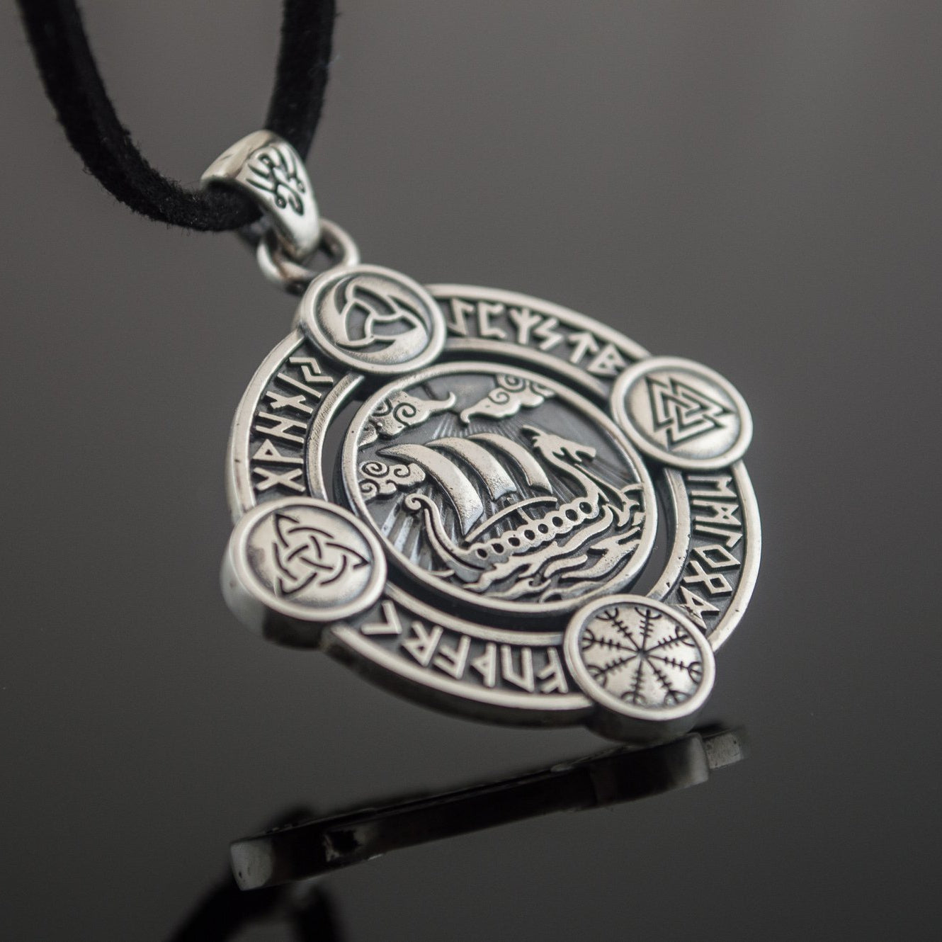 Drakkar Pendant with Norse Symbols Sterling Silver Viking Jewelry - VikingsBrand