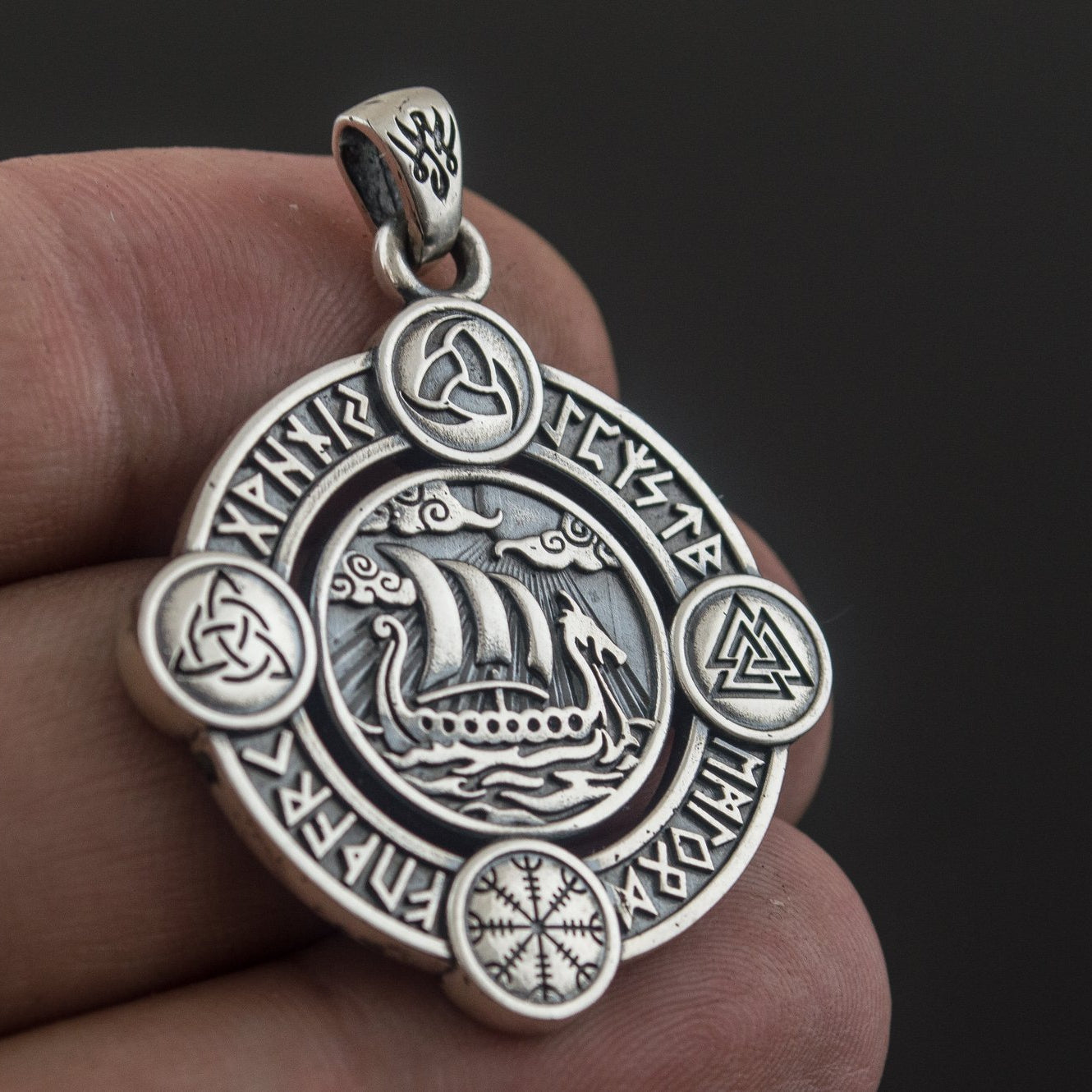 Drakkar Pendant with Norse Symbols Sterling Silver Viking Jewelry - VikingsBrand