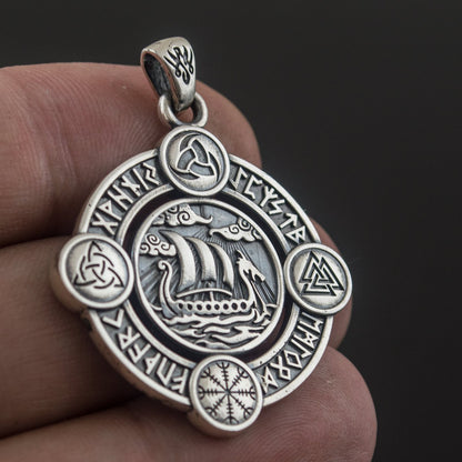 Drakkar Pendant with Norse Symbols Sterling Silver Viking Jewelry - VikingsBrand
