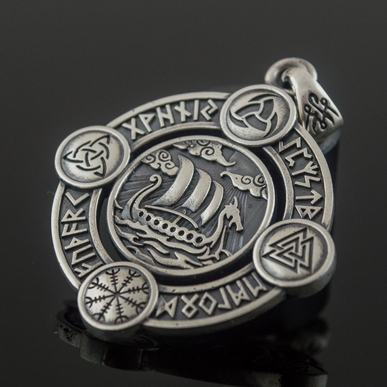 Drakkar Pendant with Norse Symbols Sterling Silver Viking Jewelry - VikingsBrand