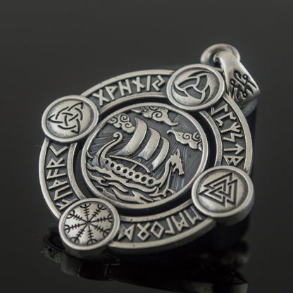 Drakkar Pendant with Norse Symbols Sterling Silver Viking Jewelry - VikingsBrand