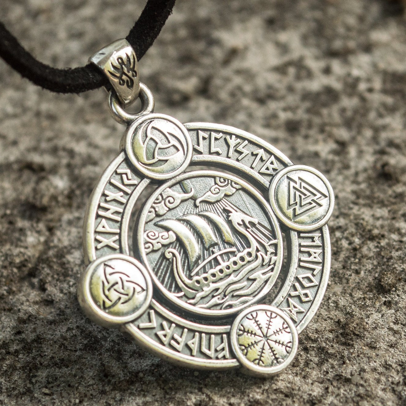 Drakkar Pendant with Norse Symbols Sterling Silver Viking Jewelry - VikingsBrand