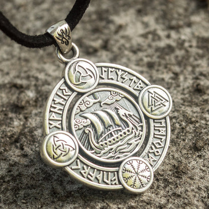 Drakkar Pendant with Norse Symbols Sterling Silver Viking Jewelry - VikingsBrand