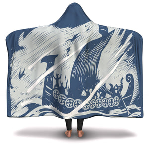 Drakkar Sailing with Viking warriors hooded blanket