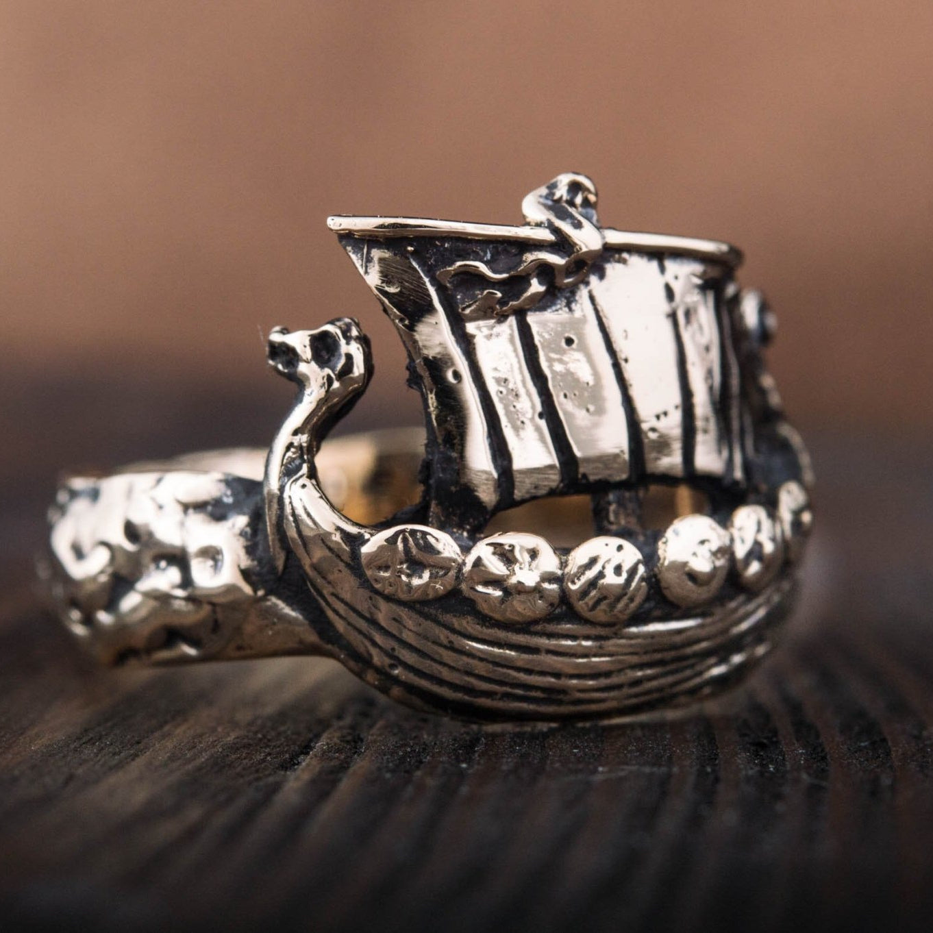 Drakkar Ship Handcrafted Bronze Viking Ring