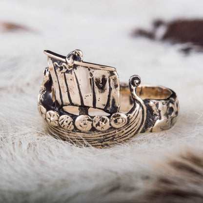 Drakkar Ship Handcrafted Bronze Viking Ring