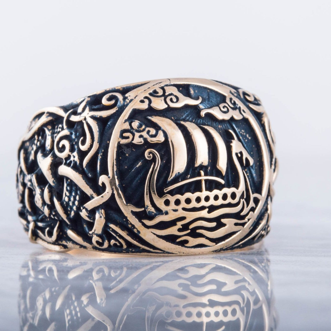 Drakkar Symbol Ring with Mammen Ornament Bronze Viking Jewelry