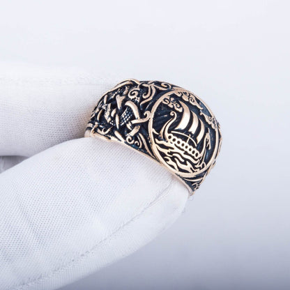 Drakkar Symbol Ring with Mammen Ornament Bronze Viking Jewelry