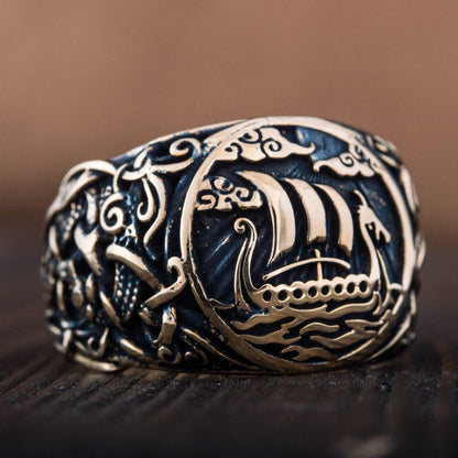 Drakkar Symbol Ring with Mammen Ornament Bronze Viking Jewelry