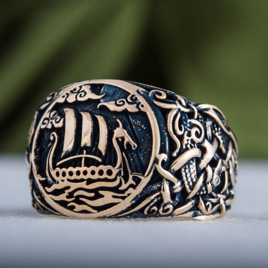 Drakkar Symbol Ring with Mammen Ornament Bronze Viking Jewelry