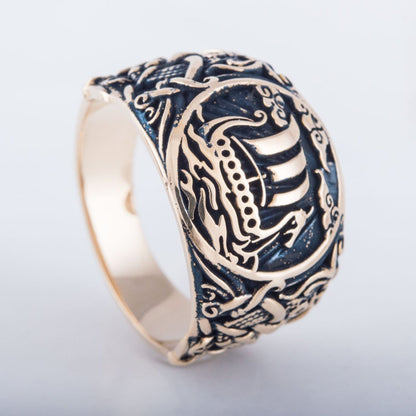 Drakkar Symbol Ring with Mammen Ornament Bronze Viking Jewelry