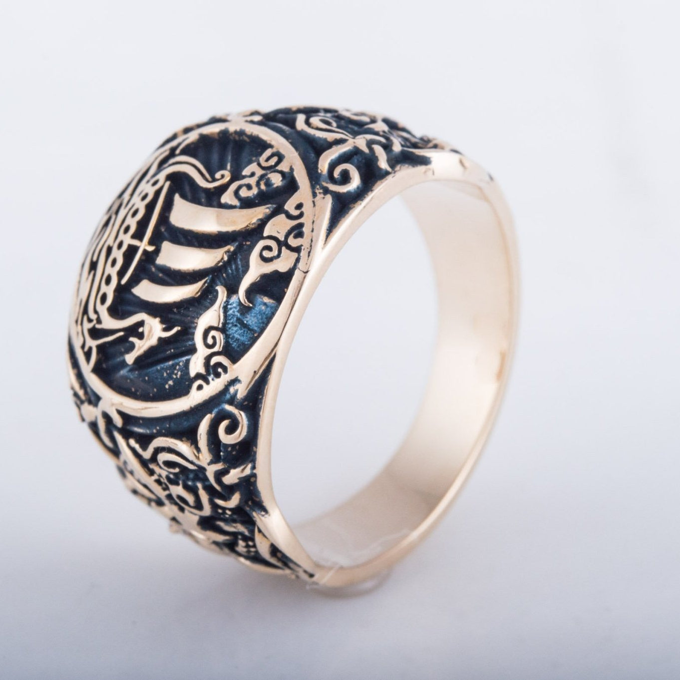 Drakkar Symbol Ring with Mammen Ornament Bronze Viking Jewelry