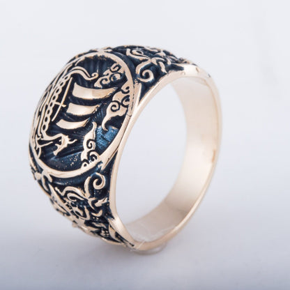 Drakkar Symbol Ring with Mammen Ornament Bronze Viking Jewelry
