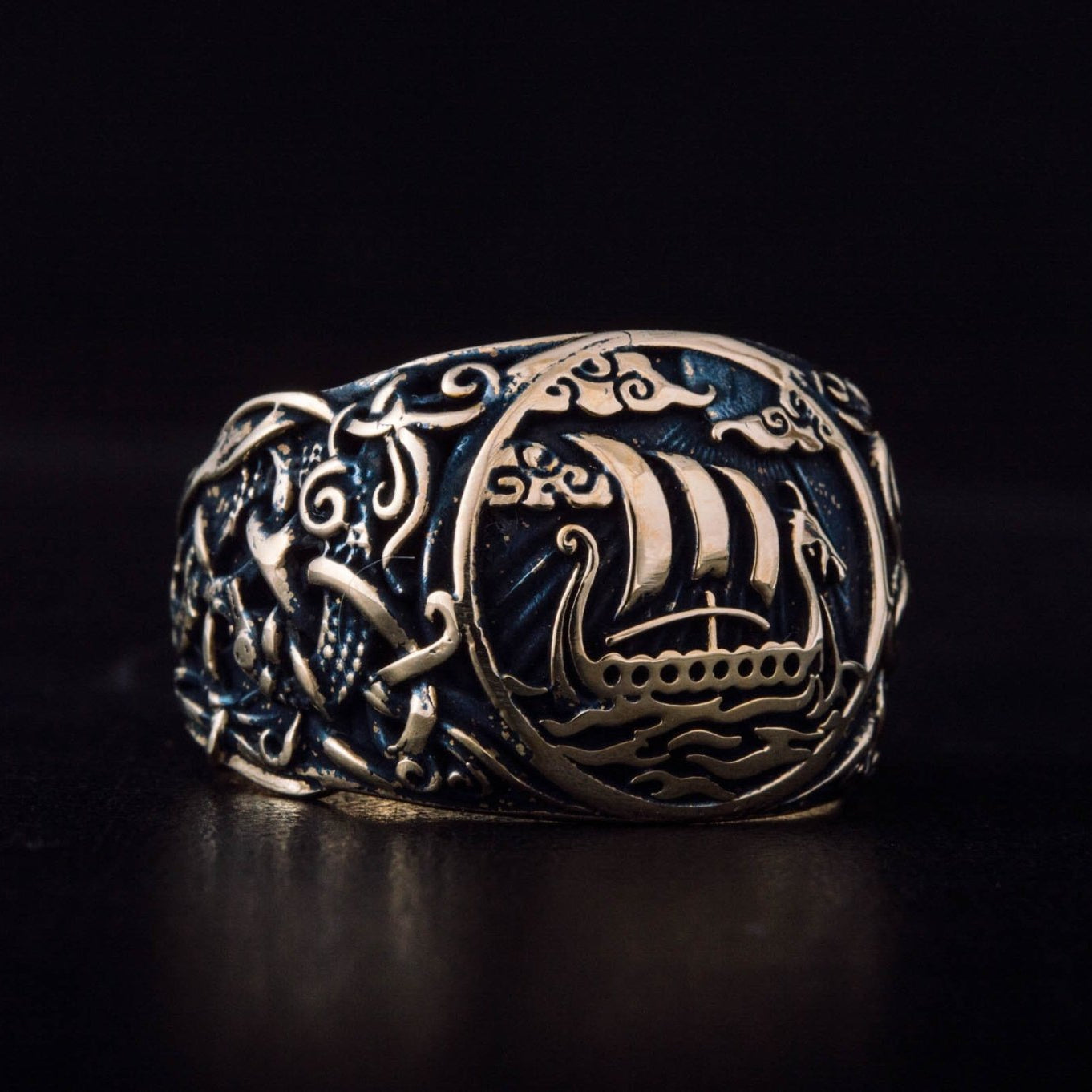 Drakkar Symbol Ring with Mammen Ornament Bronze Viking Jewelry