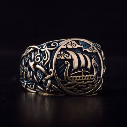Drakkar Symbol Ring with Mammen Ornament Bronze Viking Jewelry