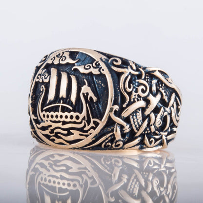 Drakkar Symbol Ring with Mammen Ornament Bronze Viking Jewelry