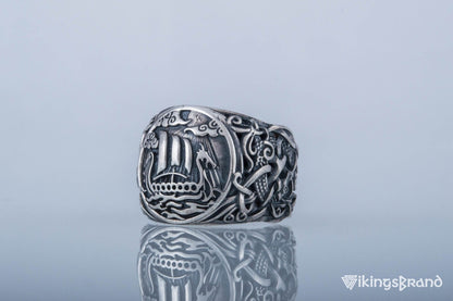 Drakkar Viking Symbol Ring with Mammen Ornament Gold or Sterling Silver Viking Jewelry