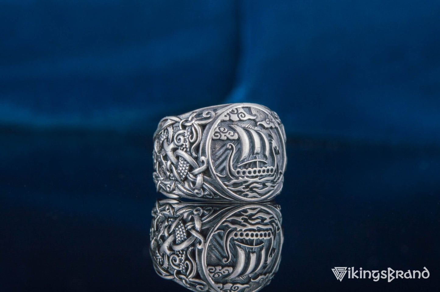 Drakkar Viking Symbol Ring with Mammen Ornament Gold or Sterling Silver Viking Jewelry
