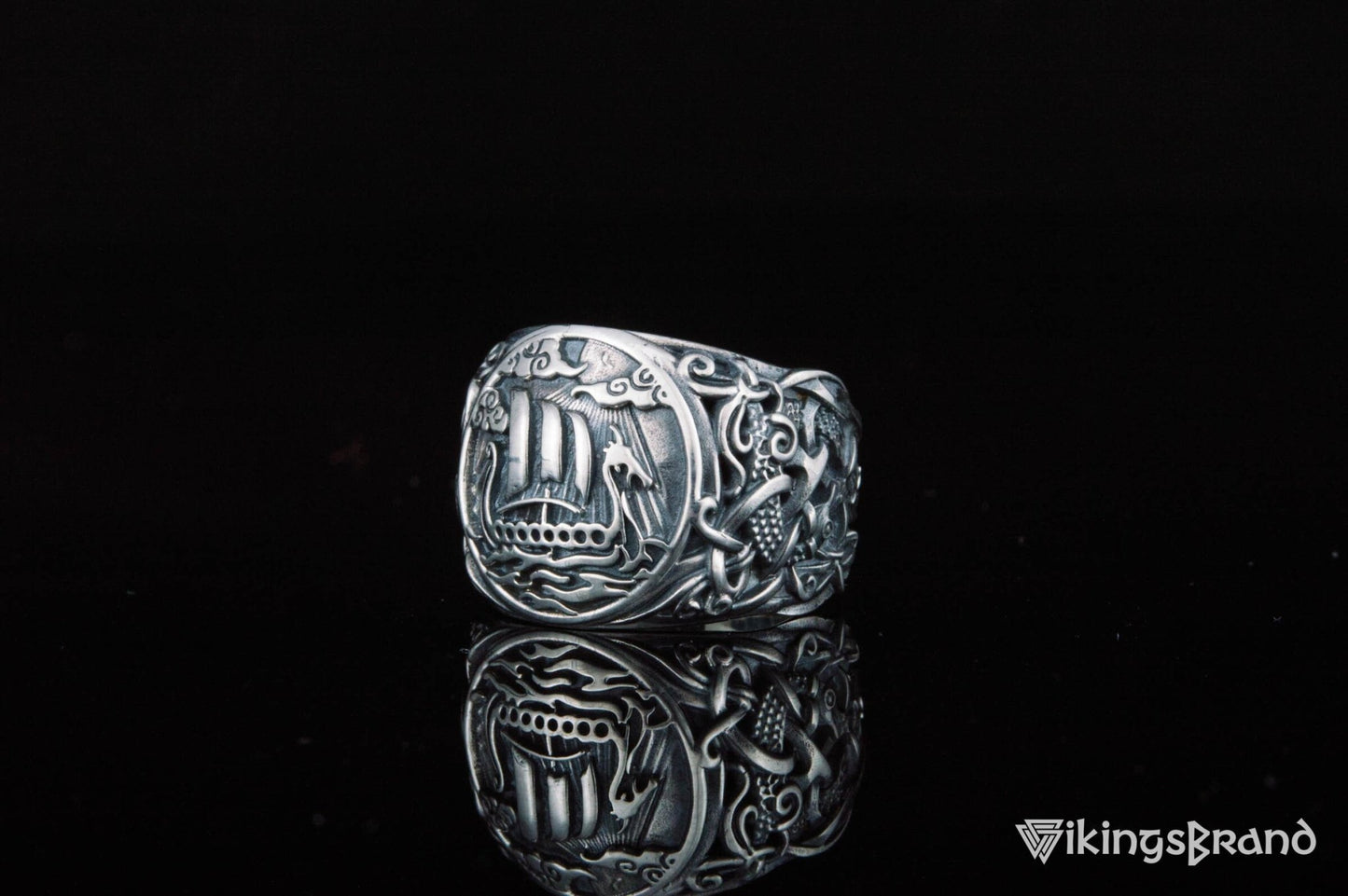 Drakkar Viking Symbol Ring with Mammen Ornament Gold or Sterling Silver Viking Jewelry