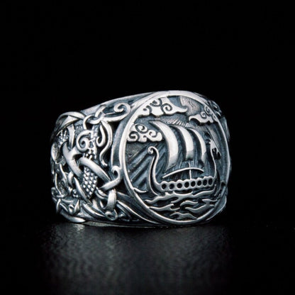 Drakkar Viking Symbol Ring with Mammen Ornament Gold or Sterling Silver Viking Jewelry