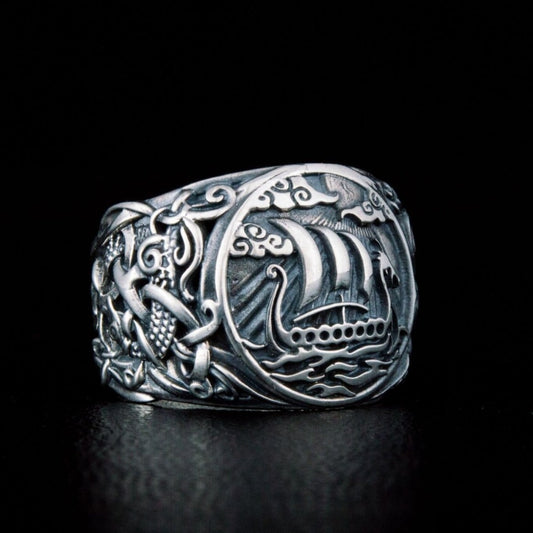 Drakkar Viking Symbol Ring with Mammen Ornament Gold or Sterling Silver Viking Jewelry