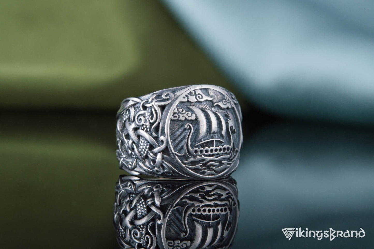 Drakkar Viking Symbol Ring with Mammen Ornament Gold or Sterling Silver Viking Jewelry