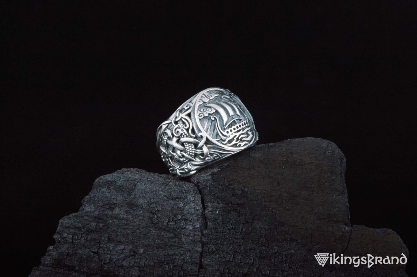 Drakkar Viking Symbol Ring with Mammen Ornament Gold or Sterling Silver Viking Jewelry