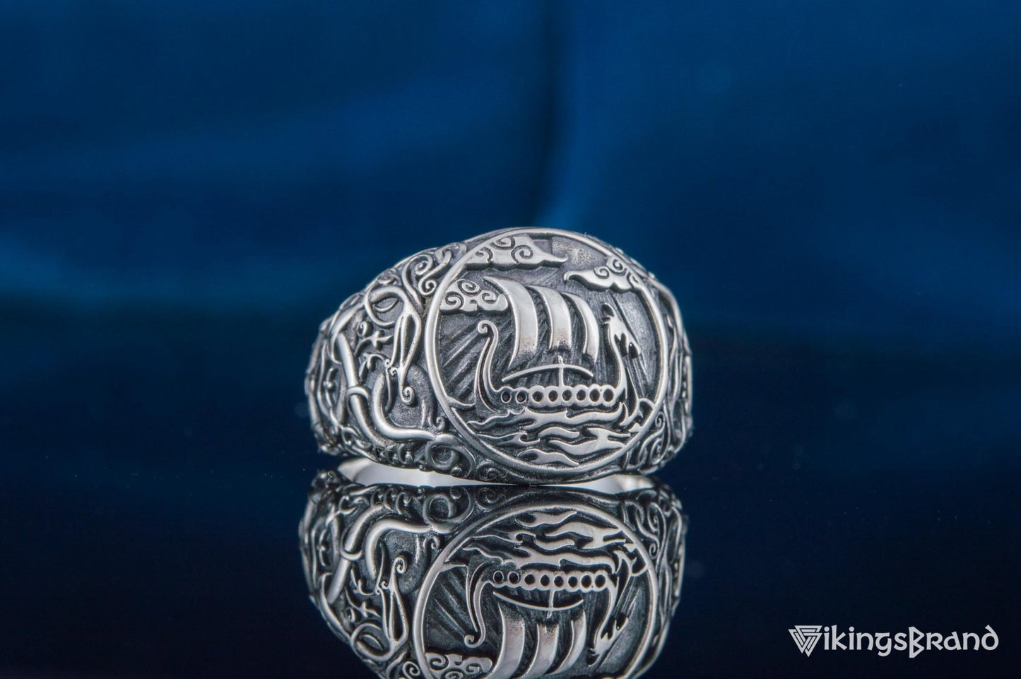 Drakkar Viking Symbol Ring with Urnes Style Sterling Silver Viking Jewelry