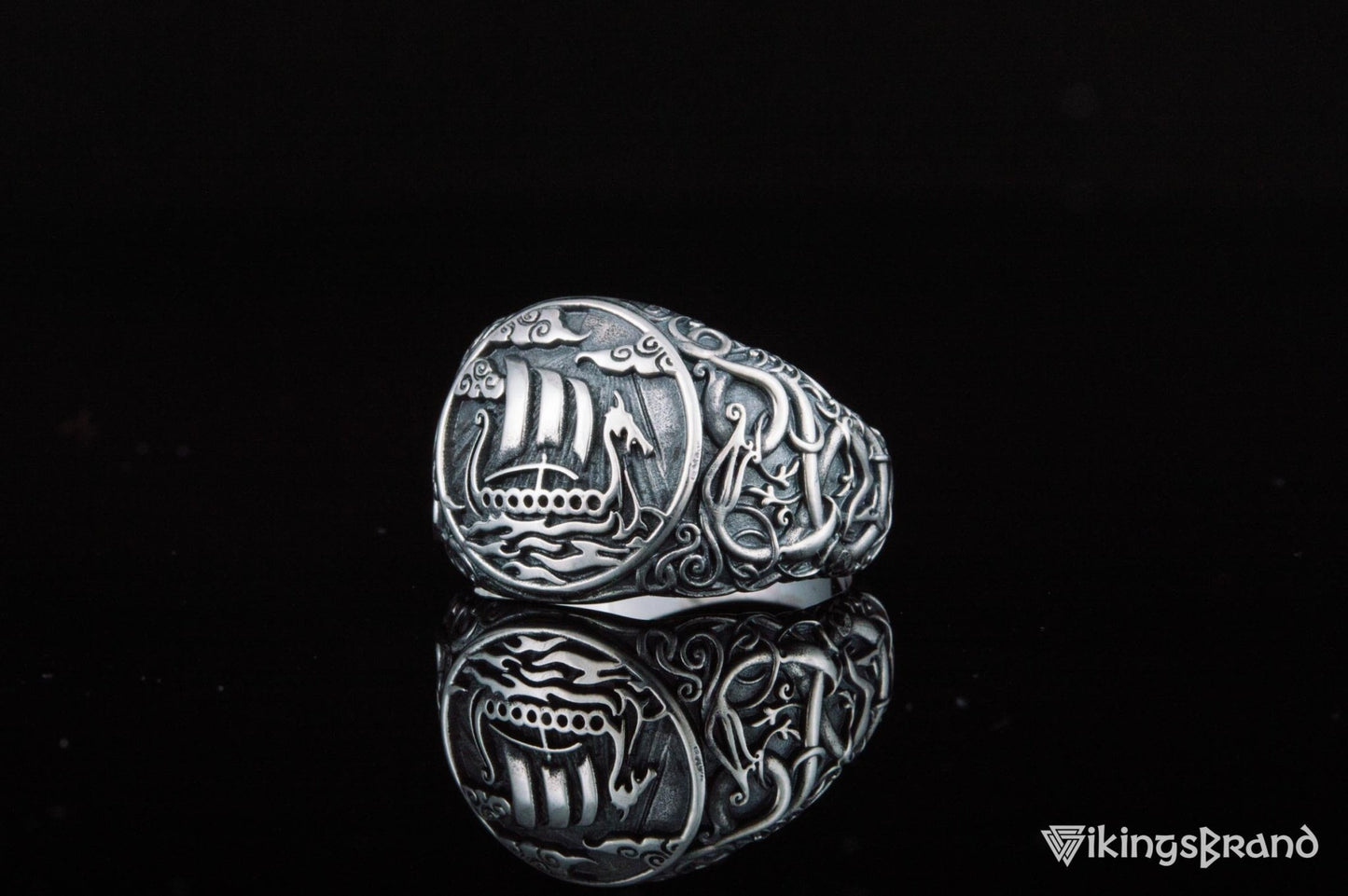 Drakkar Viking Symbol Ring with Urnes Style Sterling Silver Viking Jewelry